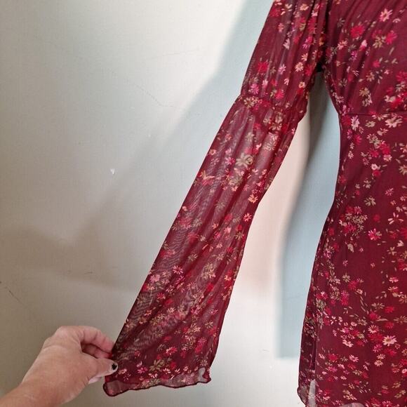 Vintage 90s Grunge Floral Mesh Babydoll Bell Sleeve Empire Waist Dress Women M - Picture 3 of 10
